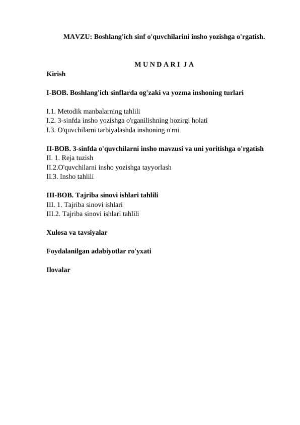 Boshlang'ich sinf o'quvchilarini insho yozishga o'rgatish - KURS ISHI