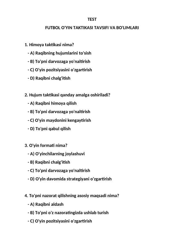 FUTBOL O'YIN TAKTIKASI TAVSIFI VA BO'LIMLARI