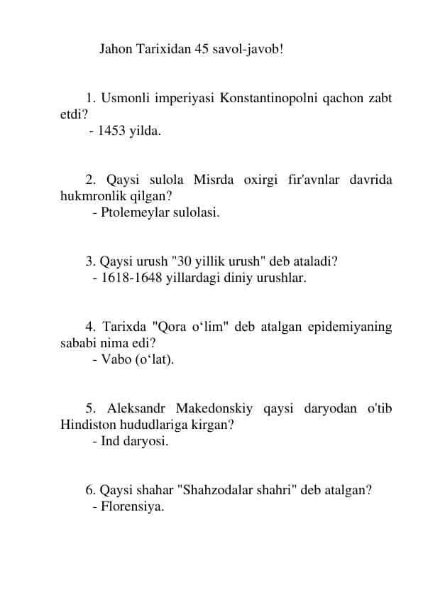 Jahon tarixi test