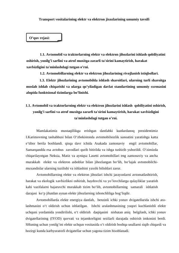 Transport vositalarining elektr va elektron jixozlarining umumiy tavsifi