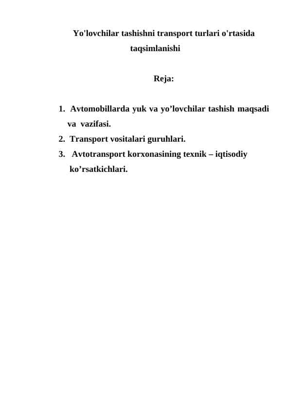 Yo'lovchilar tashishni transport turlari o'rtasida taqsimlanishi