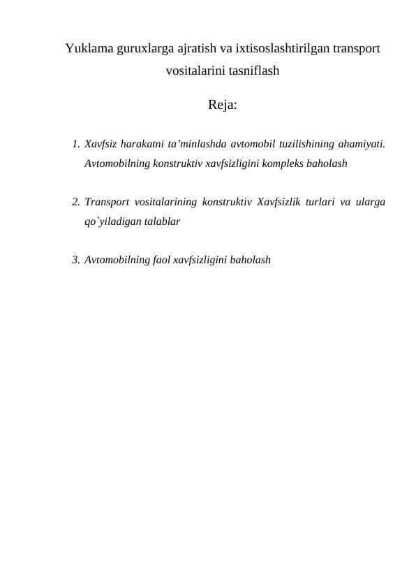 Yuklama guruxlarga ajratish va ixtisoslashtirilgan transport vositalarini tasniflash