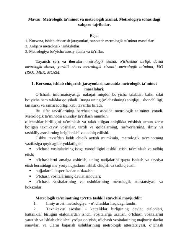 Metrologik ta’minot va metrologik xizmat. Metrologiya sohasidagi xalqaro tajribalar.