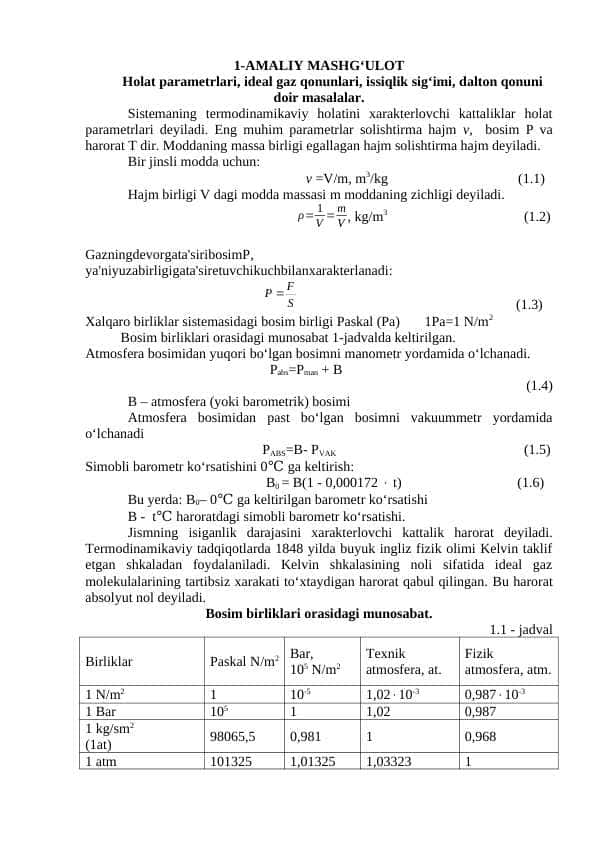 Holat parametrlari, ideal gaz qonunlari, issiqlik sig‘imi, dalton qonuni doir masalalar.