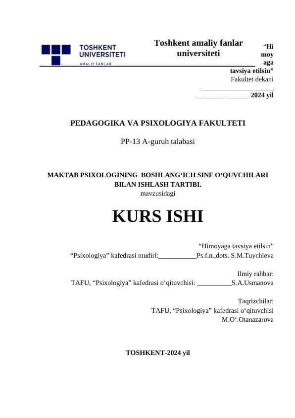 MAKTAB PSIXOLOGINING BOSHLANG'ICH SINF O'QUVCHILARI BILAN ISHLASH TARTIBI