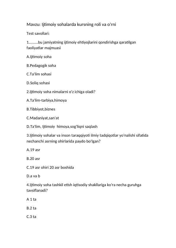 Ijtimoiy sohalarda kursning roli va o'rni test