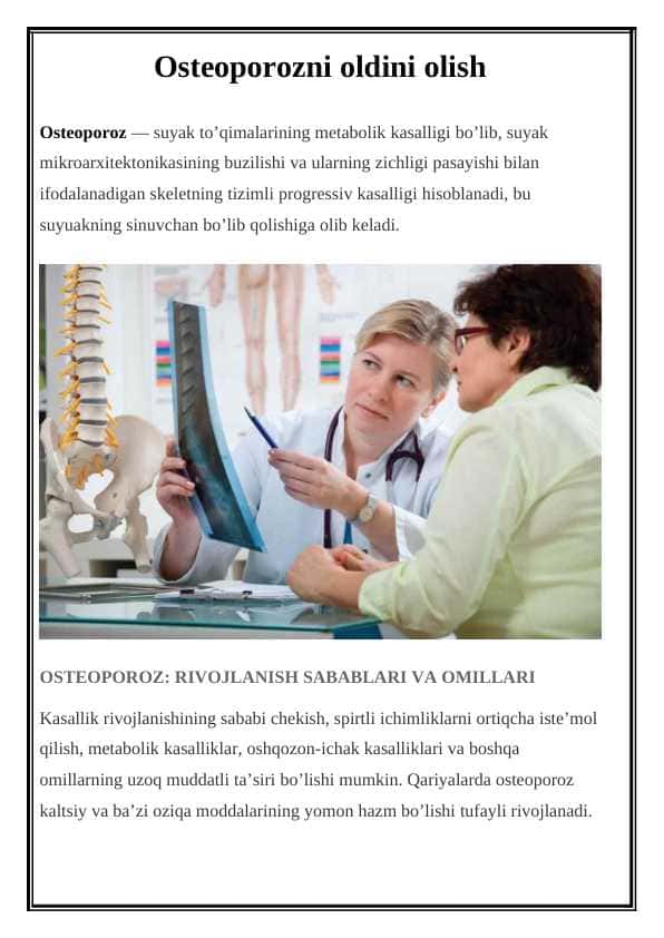 Osteoporozni oldini olish