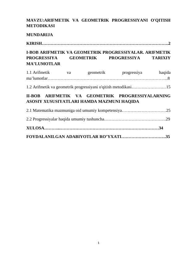 ARIFMETIK VA GEOMETRIK PROGRESSIYANI O'QITISH METODIKASI KURS ISHI