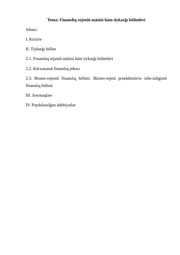 Finansliq rejeniń mánisi hám tiykarģı bόlimleri