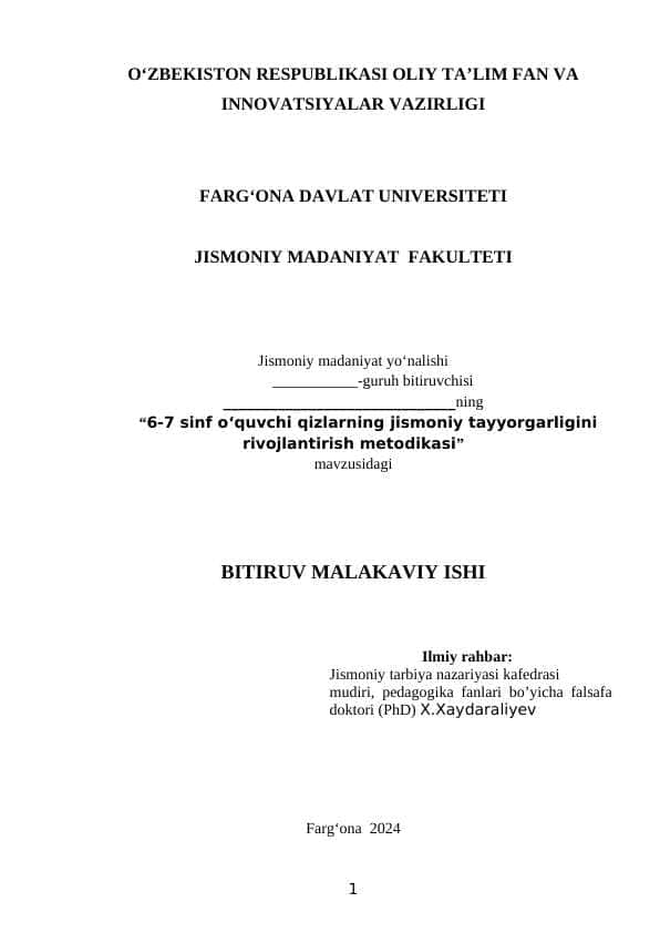 6-7 sinf o‘quvchi qizlarning jismoniy tayyorgarligini rivojlantirish metodikasi bitiruv malakaviy ish