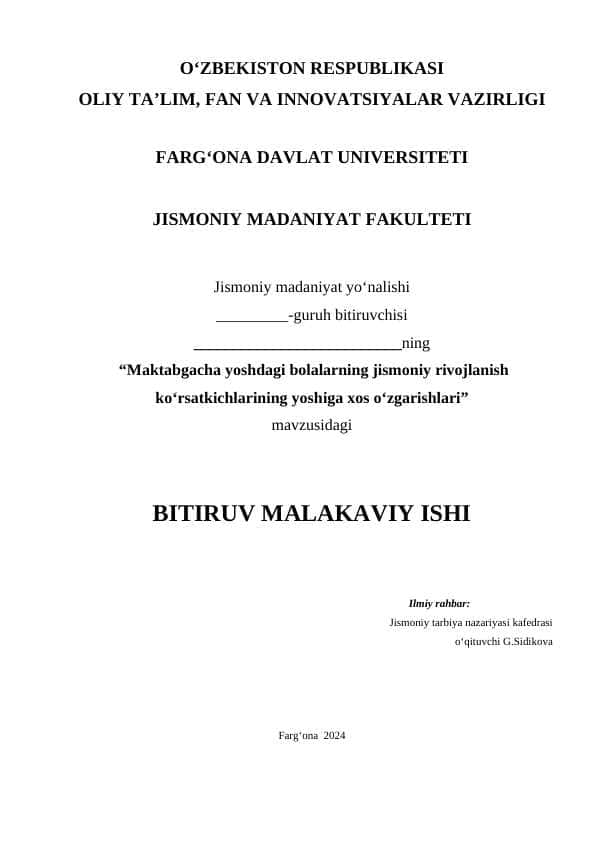 Maktabgacha yoshdagi bolalarning jismoniy rivojlanish ko‘rsatkichlarining yoshiga xos o‘zgarishlari bitiruv malakaviy ish BMI