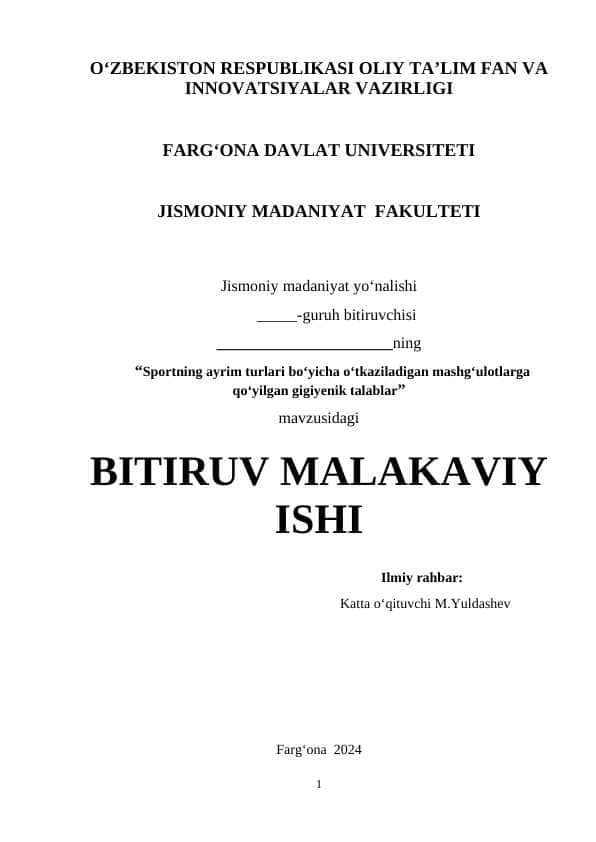 Sportning ayrim turlari bo‘yicha o‘tkaziladigan mashg‘ulotlarga qo‘yilgan gigiyenik talablar bitiruv malakaviy ish BMI