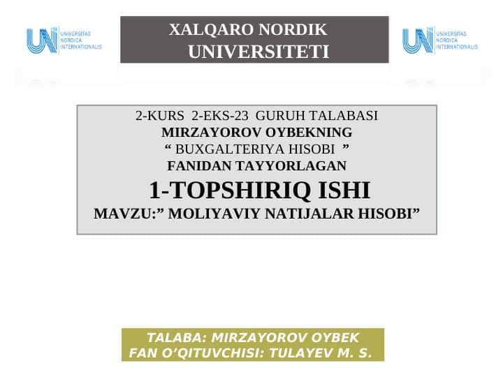 :” MOLIYAVIY NATIJALAR HISOBI