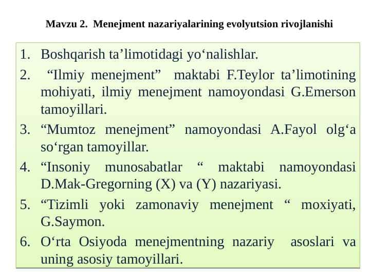 Menejment nazariyalarining evolyutsion rivojlanishi