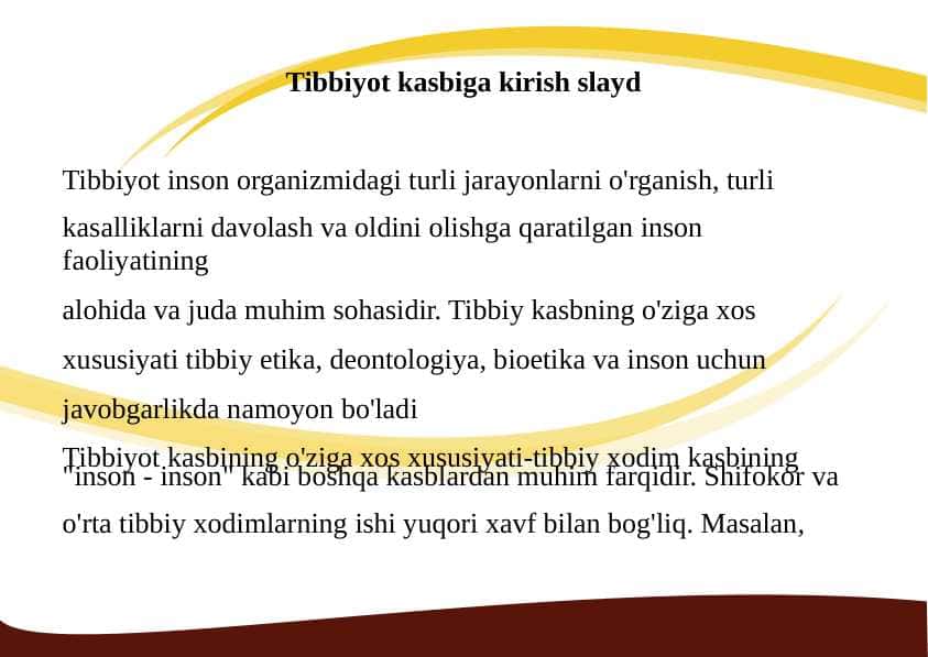 TIBBIYOT KASBIGA KIRISH DAVOLASH MUASSASALARI ISHNING TASHKIL ETILISHI
