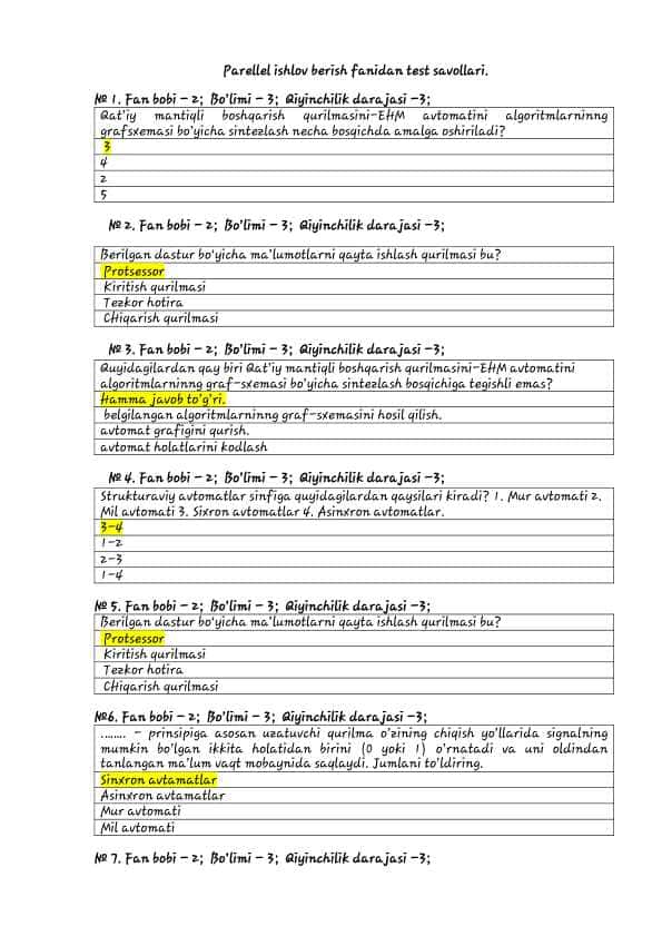 Parellel ishlov berish fanidan test savol va javoblari