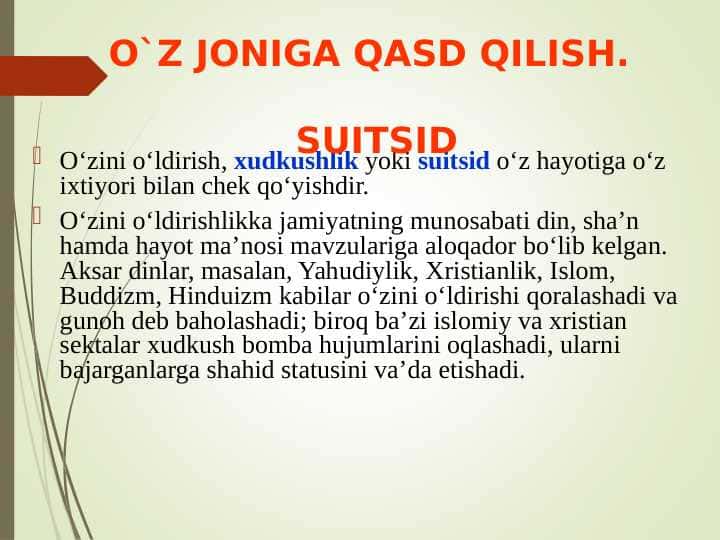 O'Z JONIGA QASD QILISH. SUITSID