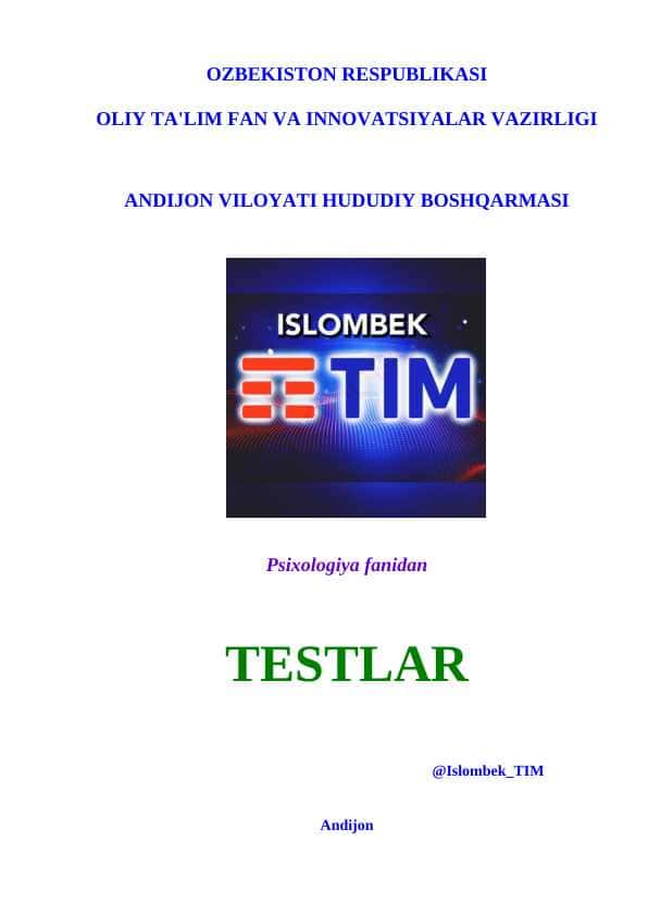 Psixologiya fanidan testlar 15 ta
