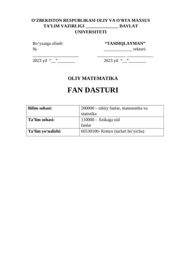 OLIY MATEMATIKA FAN DASTURI ELEKTRON