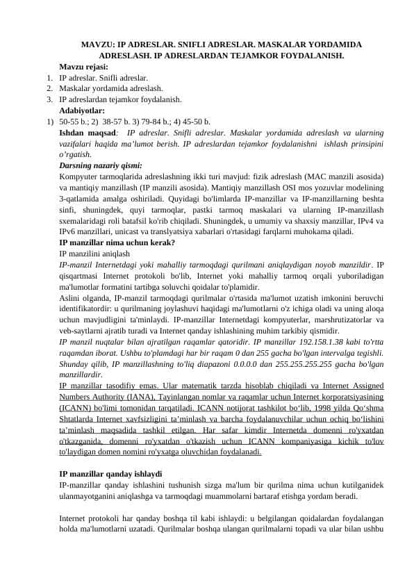 IP ADRESLAR. SNIFLI ADRESLAR. MASKALAR YORDAMIDA ADRESLASH. IP ADRESLARDAN TEJAMKOR FOYDALANISH