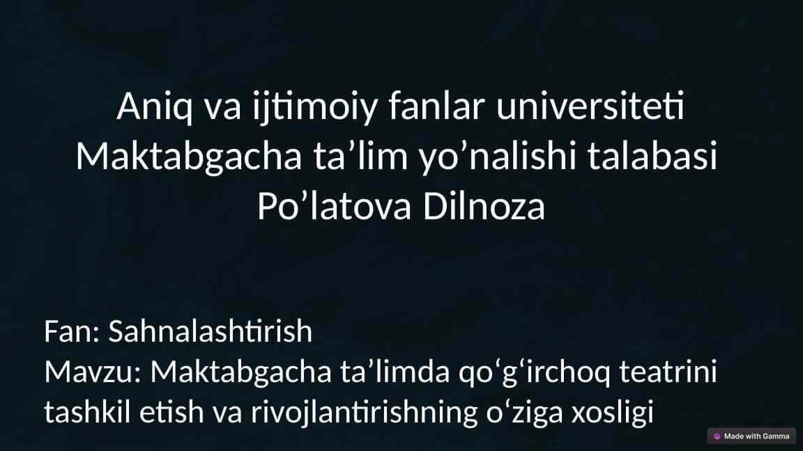 Maktabgacha taʼlimda qoʻgʻirchoq teatrini tashkil etish va rivojlantirishning oʻziga xosligi