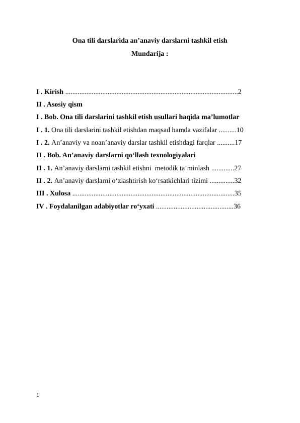 Ona tili darslarida anʼanaviy darslarni tashkil etish