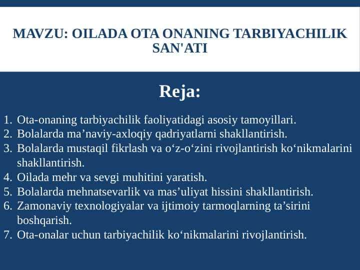 OILADA OTA ONANING TARBIYACHILIK SAN'ATI
