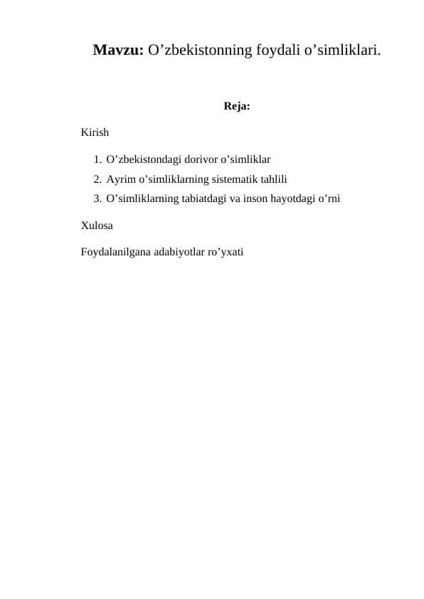 O’zbekistonning foydali o’simliklari