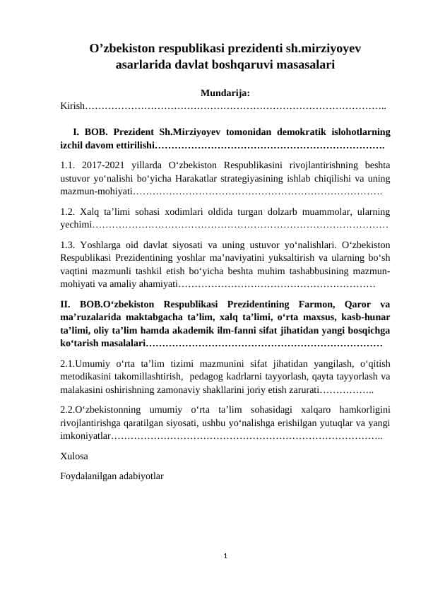 O’zbekiston respublikasi prezidenti sh.mirziyoyev asarlarida davlat boshqaruvi masasalari