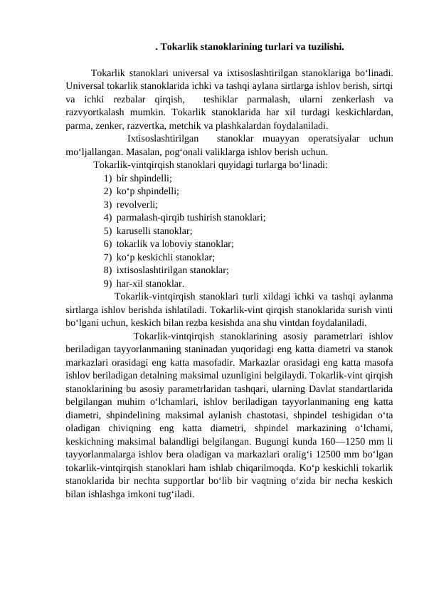 Tokarlik stanoklarining turlari va tuzilishi
