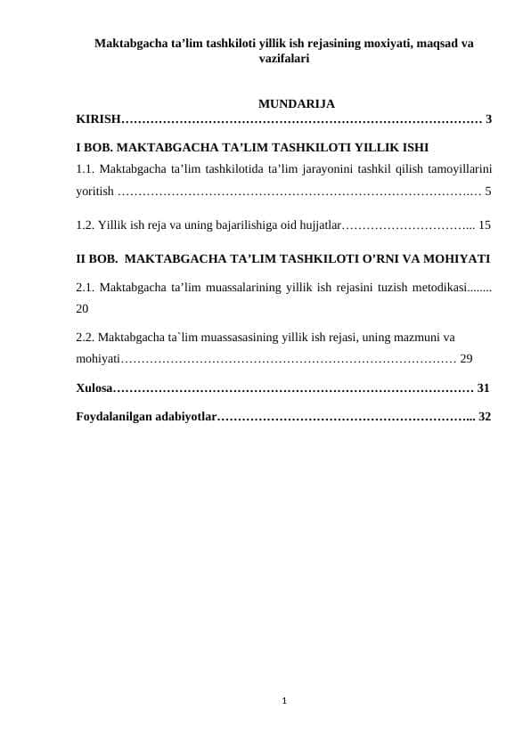 Maktabgacha ta’lim tashkiloti yillik ish rejasining moxiyati, maqsad va vazifalari