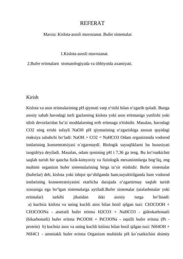 Kislota-asosli muvozanat. Bufer sistemalar.