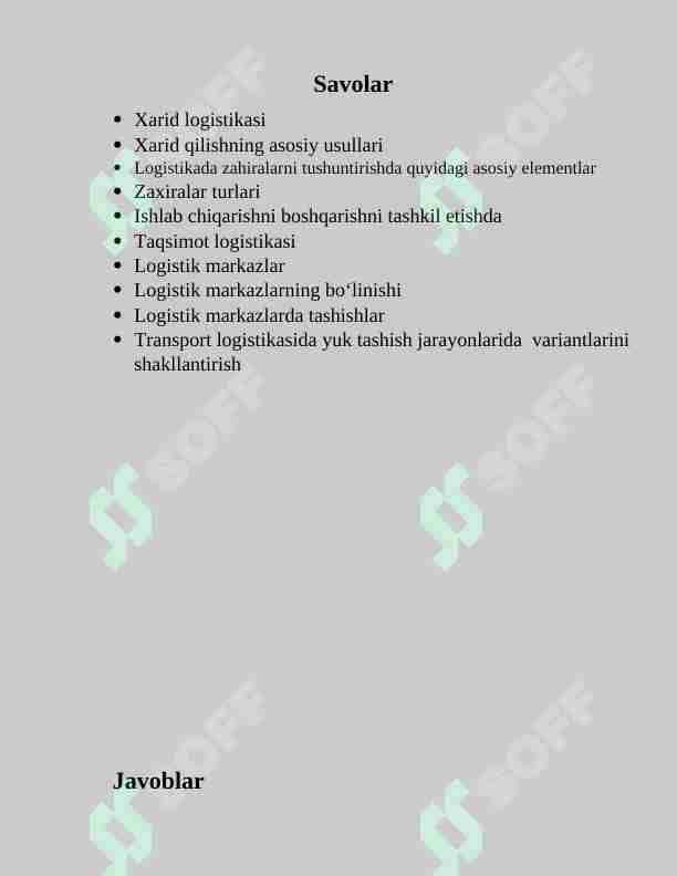 Logistika fanidan savollarga javoblar