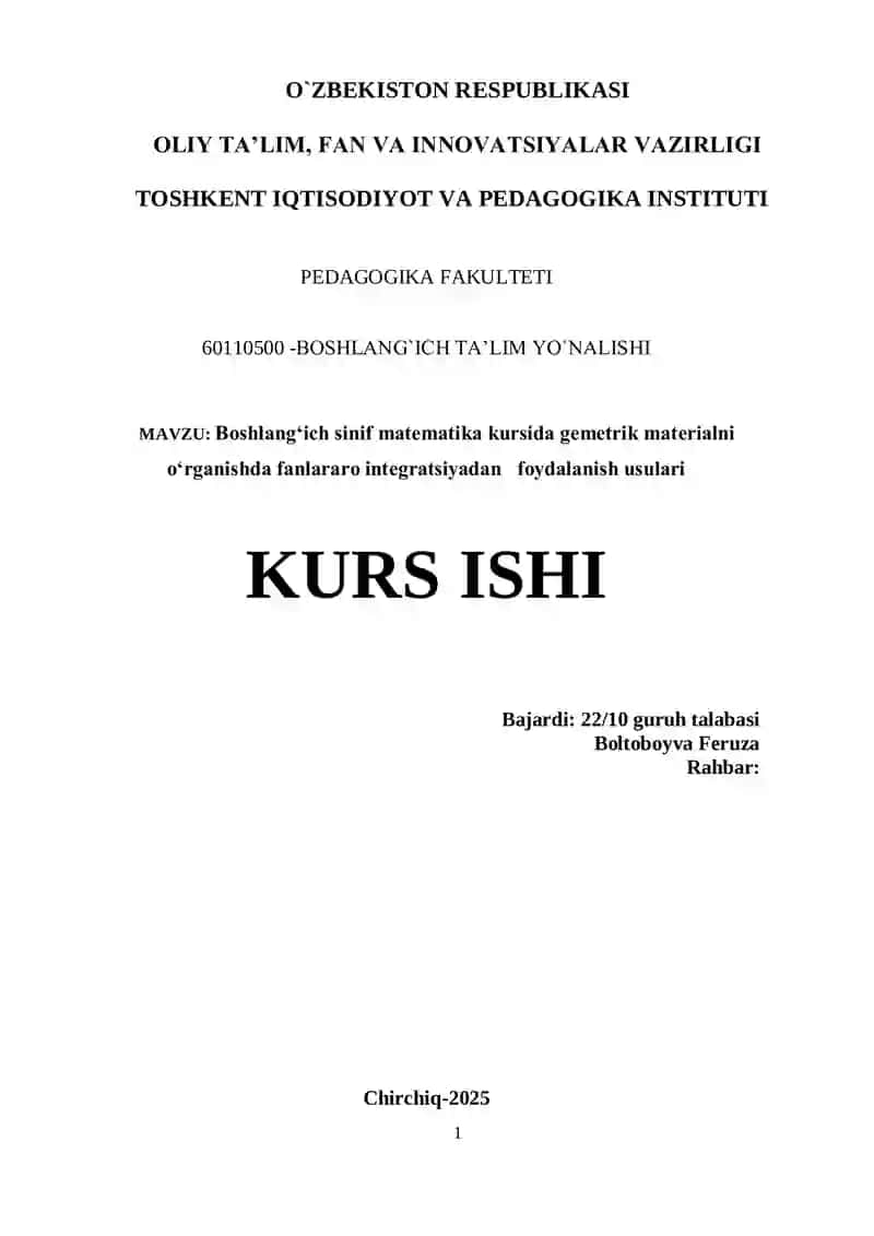 Boshlang'ich sinif matematika kursida gemetrik materialni oʻrganish