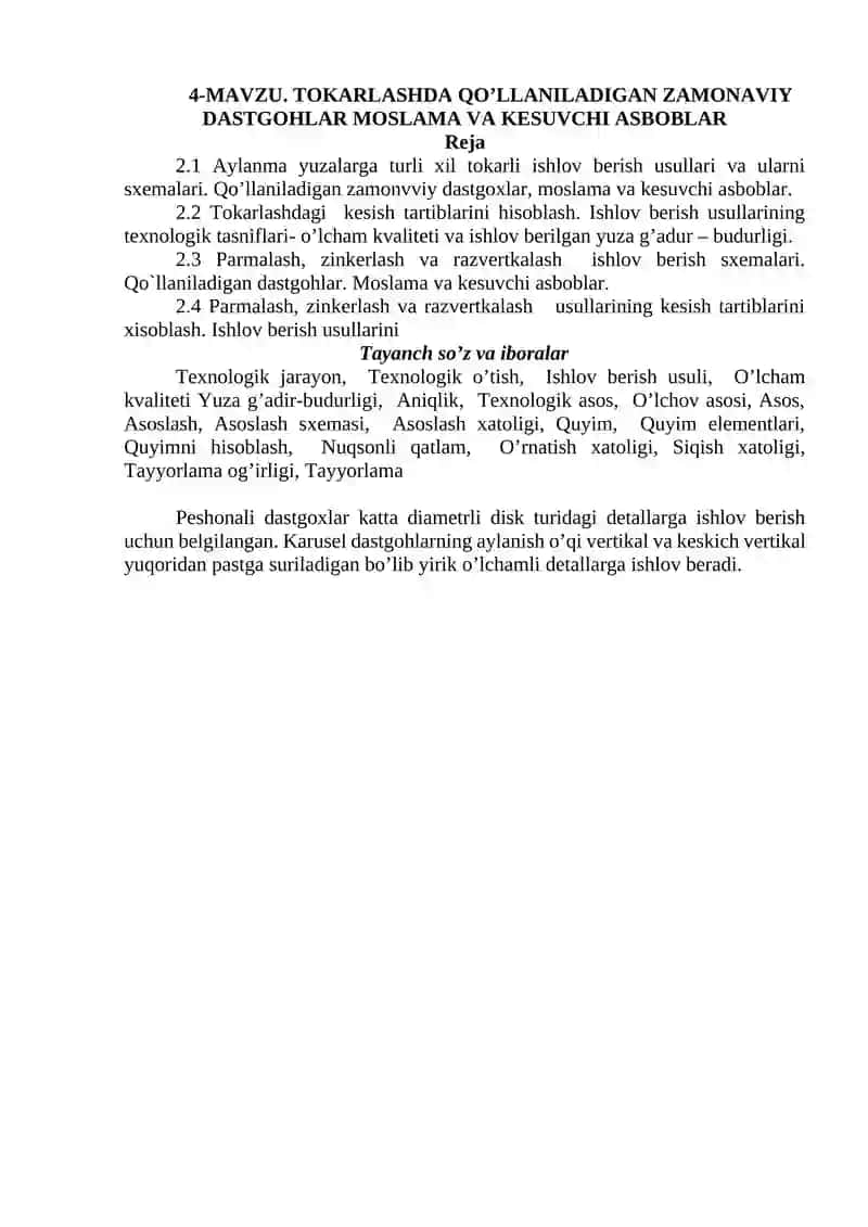 TOKARLASHDA QO’LLANILADIGAN ZAMONAVIY DASTGOHLAR MOSLAMA VA KESUVCHI ASBOBLAR