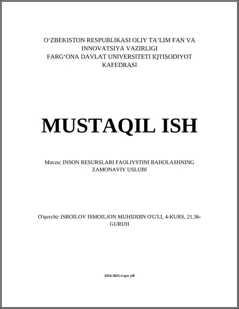 INSON RESURSLARI FAOLIYSTINI BAHOLASHNING ZAMONAVIY USLUBI