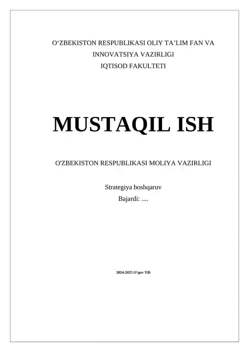 O'zbekiston Respublikasi Moliya Vazirligi Strategiya boshqaruv