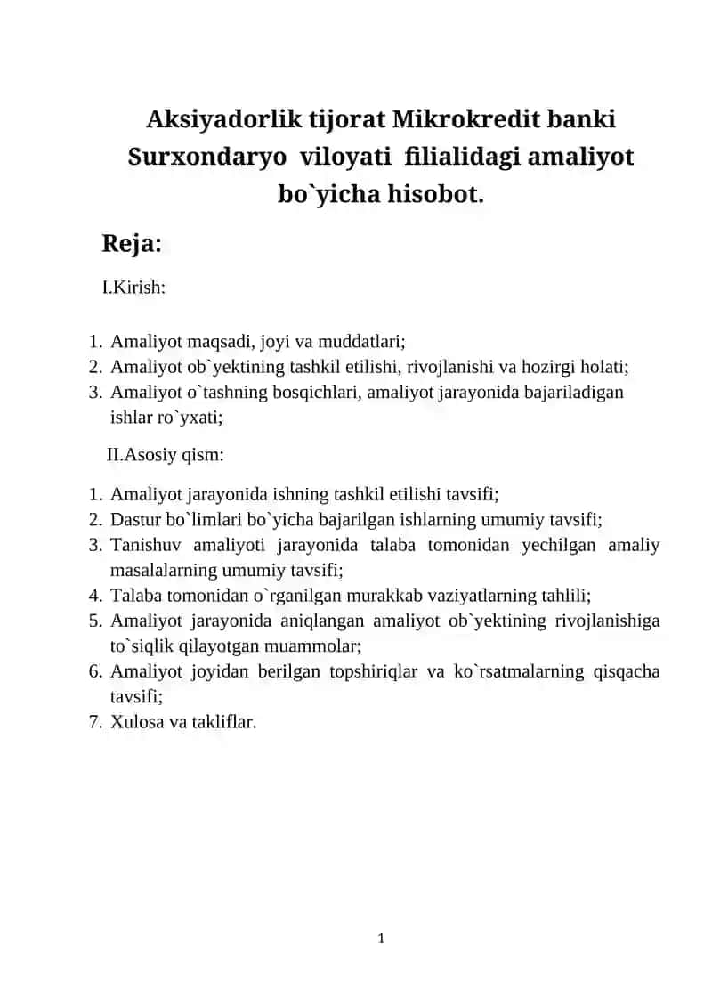 Aksiyadorlik tijorat Mikrokredit banki amaliyot bo`yicha hisobot