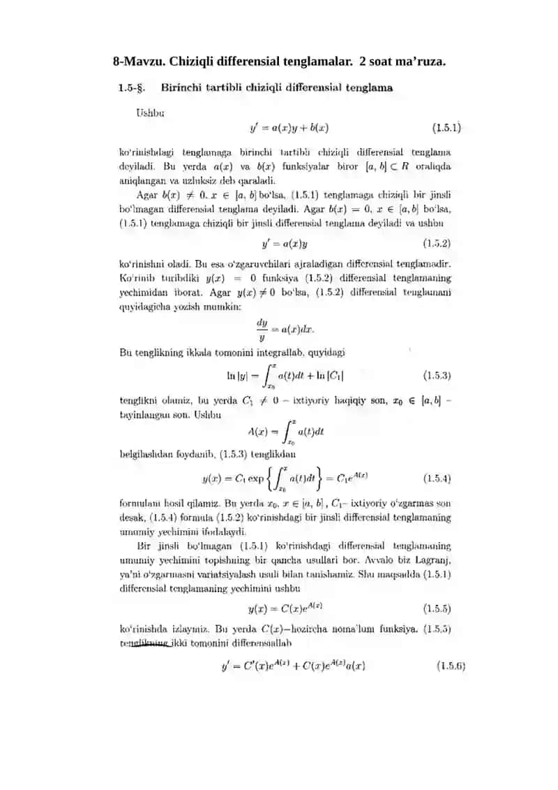Chiziqli differensial tenglamalar. 2 soat ma’ruza.