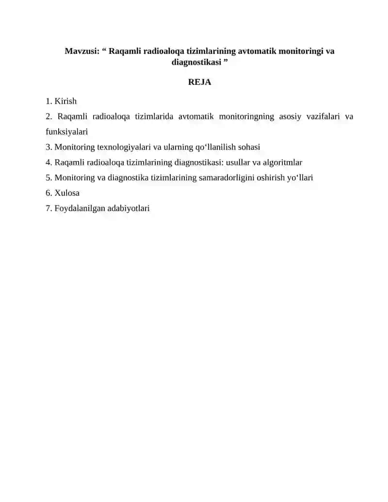 Raqamli radioaloqa tizimlarining avtomatik monitoringi va diagnostikasi