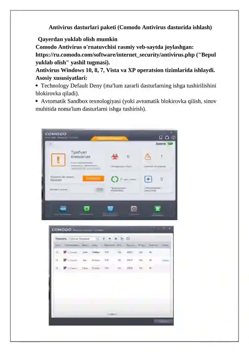 Antivirus dasturlari paketi (Comodo Antivirus dasturida ishlash)