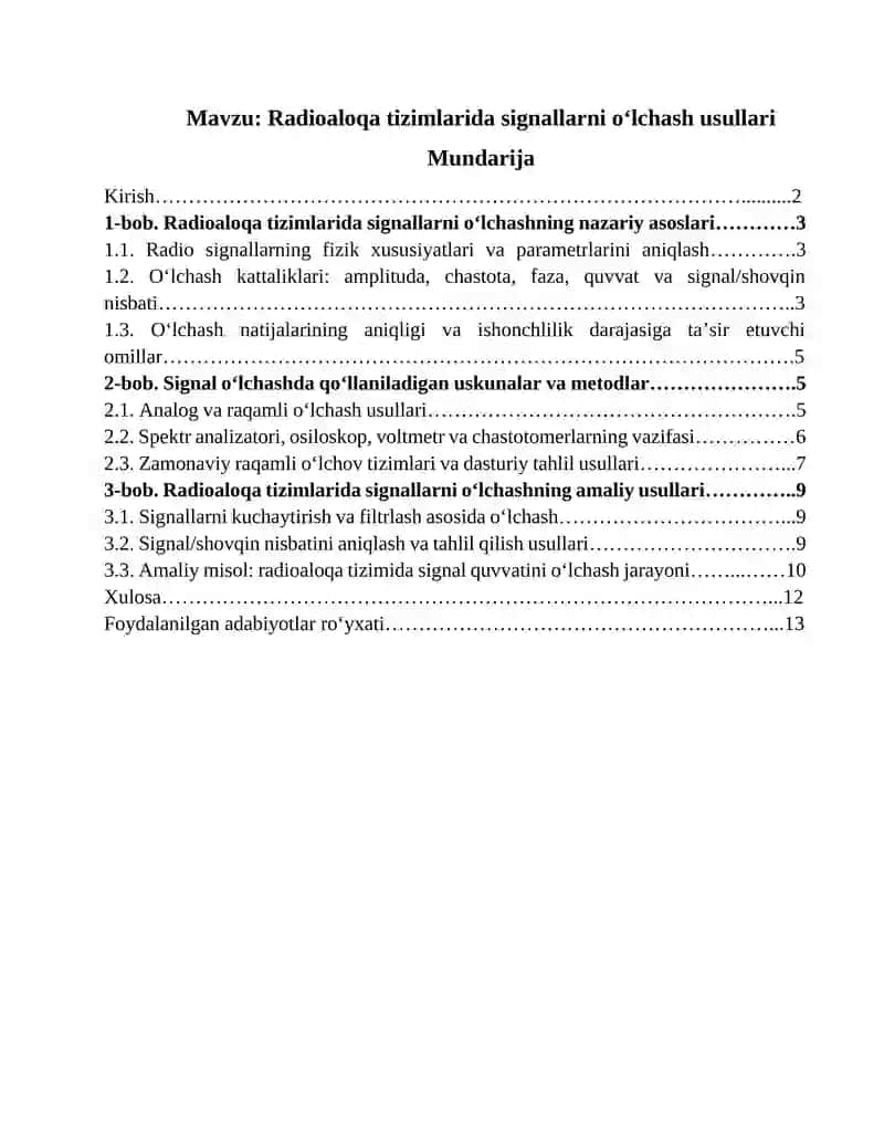 Radioaloqa tizimlarida signallarni o‘lchash usullari.