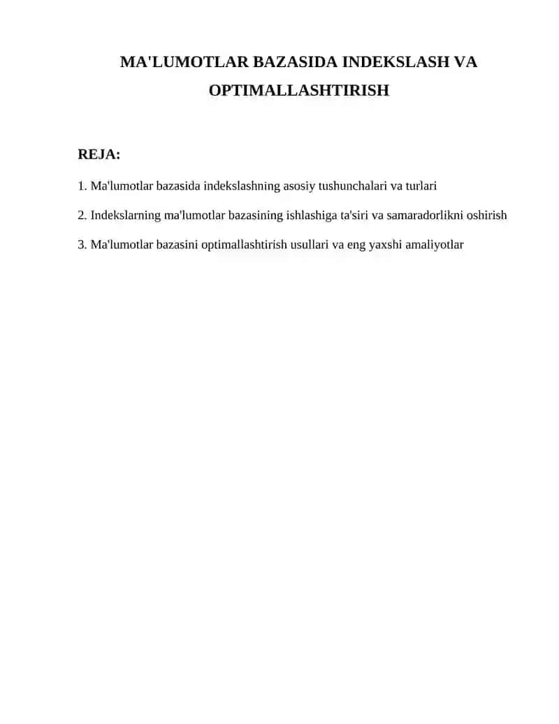 Ma'lumotlar bazasida indekslash va optimallashtirish