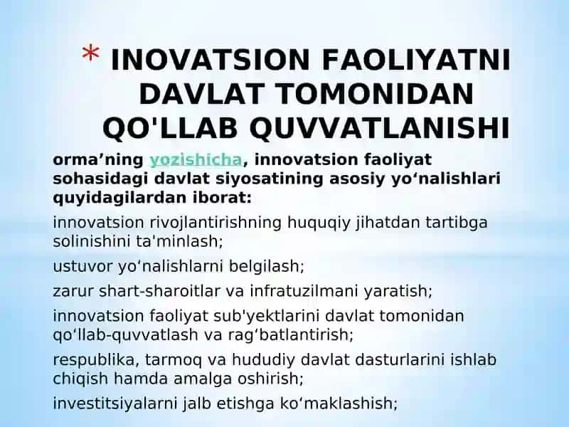 INOVATSION FAOLIYATNI DAVLAT TOMONIDAN QO'LLAB QUVVATLANISHI