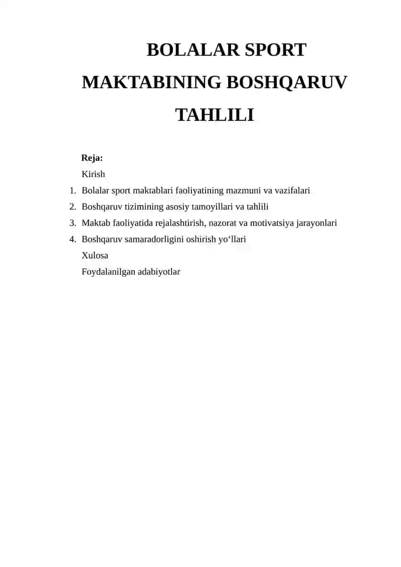 Bolalar Sport Maktabining Boshqaruv Tahlili