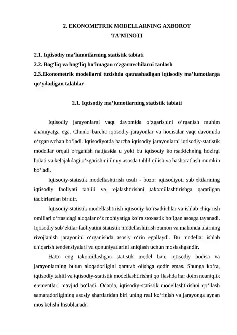 EKONOMETRIK MODELLARNING AXBOROT TA’MINOTI