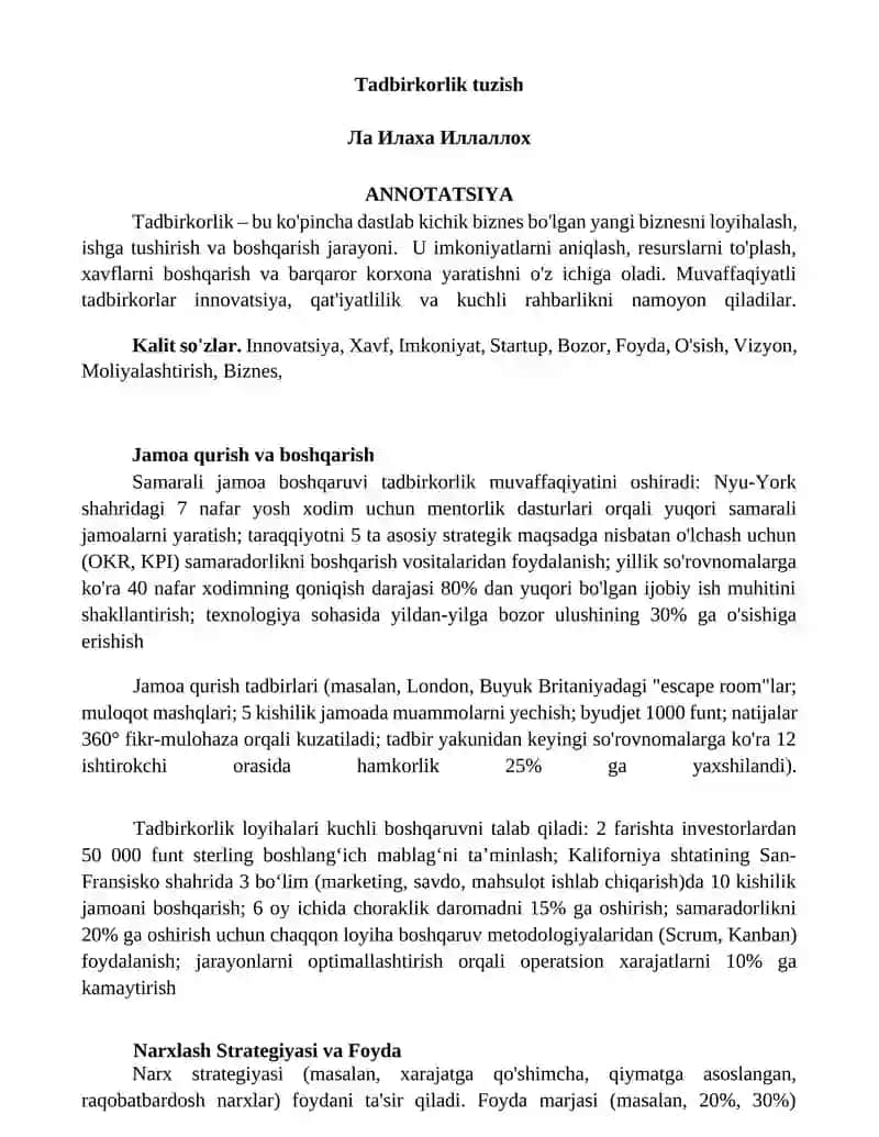 Tadbirkorlik tuzish
