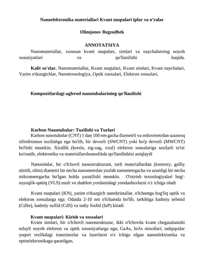 Nanoelektronika materiallari Kvant nuqtalari iplar va o’ralar