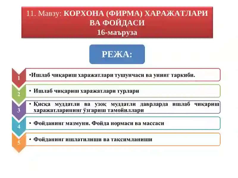 КОРХОНА (ФИРМА) ХАРАЖАТЛАРИ ВА ФОЙДАСИ