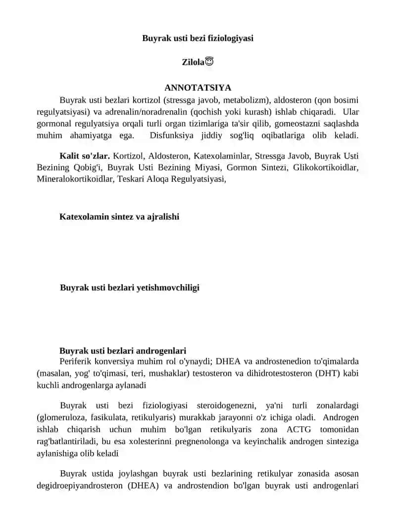 Buyrak usti bezi fiziologiyasi